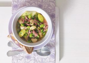 Ham hock, leek and broad bean casserole