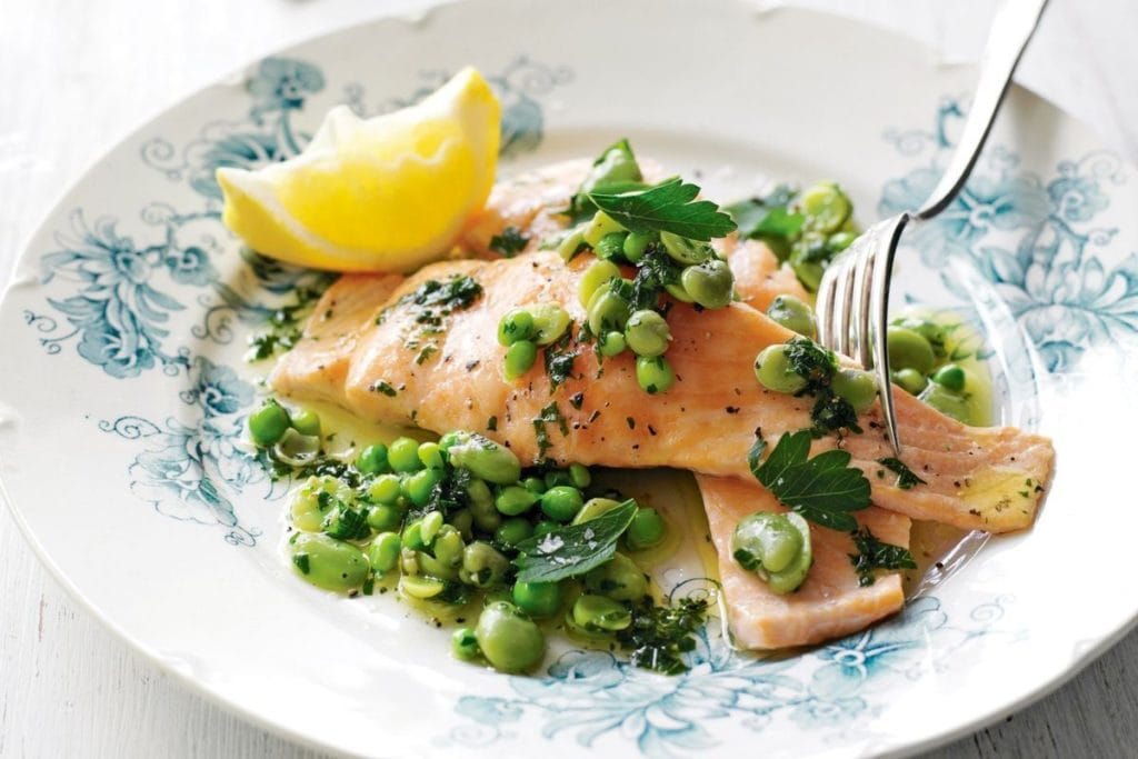Salmon with Broad Beans & Parsley Oil