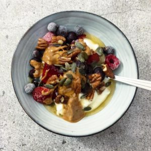 Messy Dessert Bowl with frozen berries